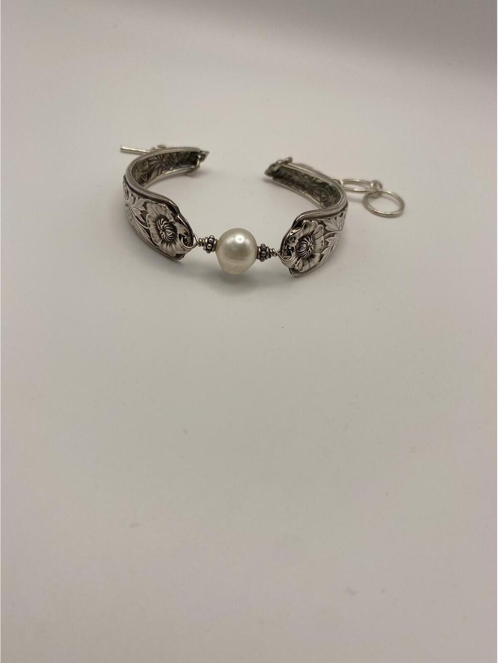 Vintage Floral Engraved Silver Bracelet with Pearl Accent